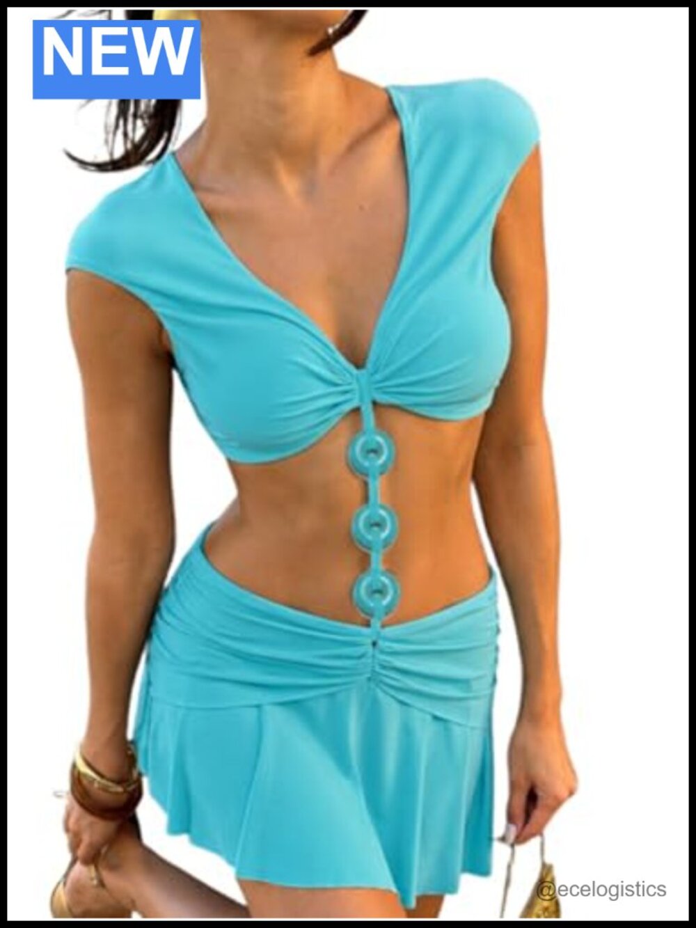 Women's Cut-Out Ring Crop Top & Ruched Mini Skirt Set Vacation Outfit